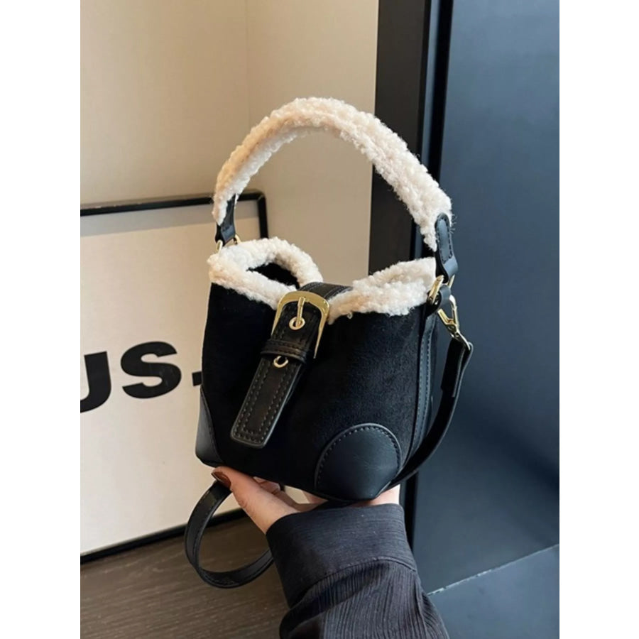 Fuzzy Trim Bucket Crossbody Bag Black / One Size Apparel and Accessories