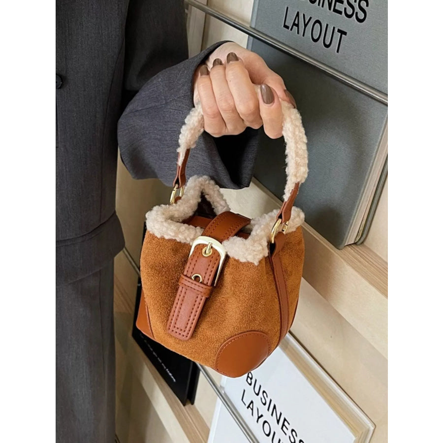 Fuzzy Trim Bucket Crossbody Bag Brown / One Size Apparel and Accessories