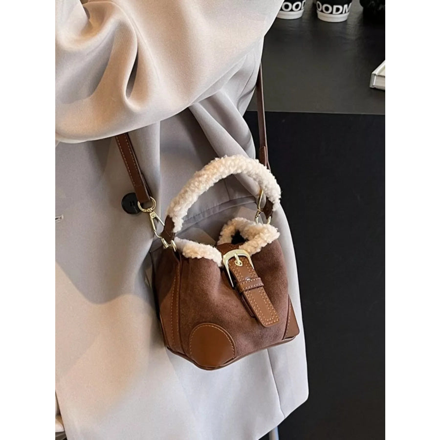 Fuzzy Trim Bucket Crossbody Bag Coffee Brown / One Size Apparel and Accessories