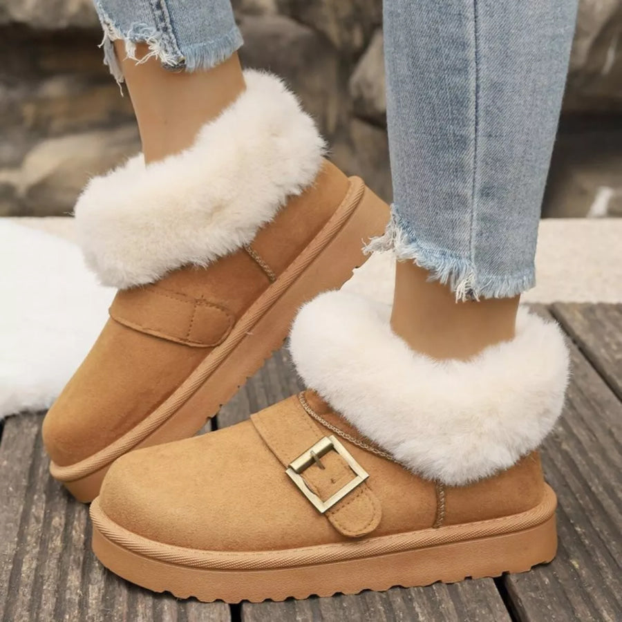 Fuzzy Trim Buckle Accent Winter Boots Apparel and Accessories