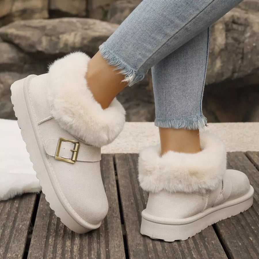 Fuzzy Trim Buckle Accent Winter Boots Apparel and Accessories