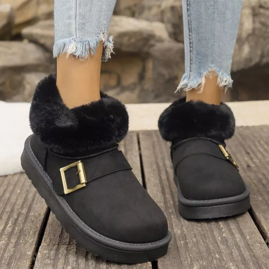 Fuzzy Trim Buckle Accent Winter Boots Black / 36 Apparel and Accessories