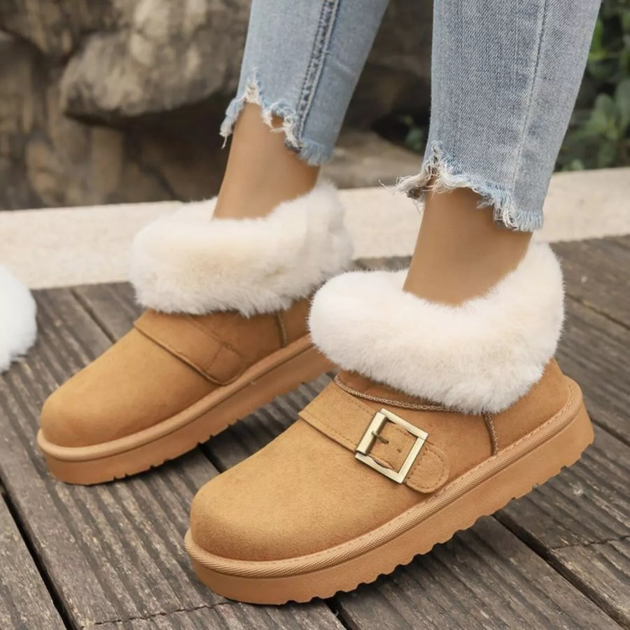 Fuzzy Trim Buckle Accent Winter Boots Camel / 36 Apparel and Accessories