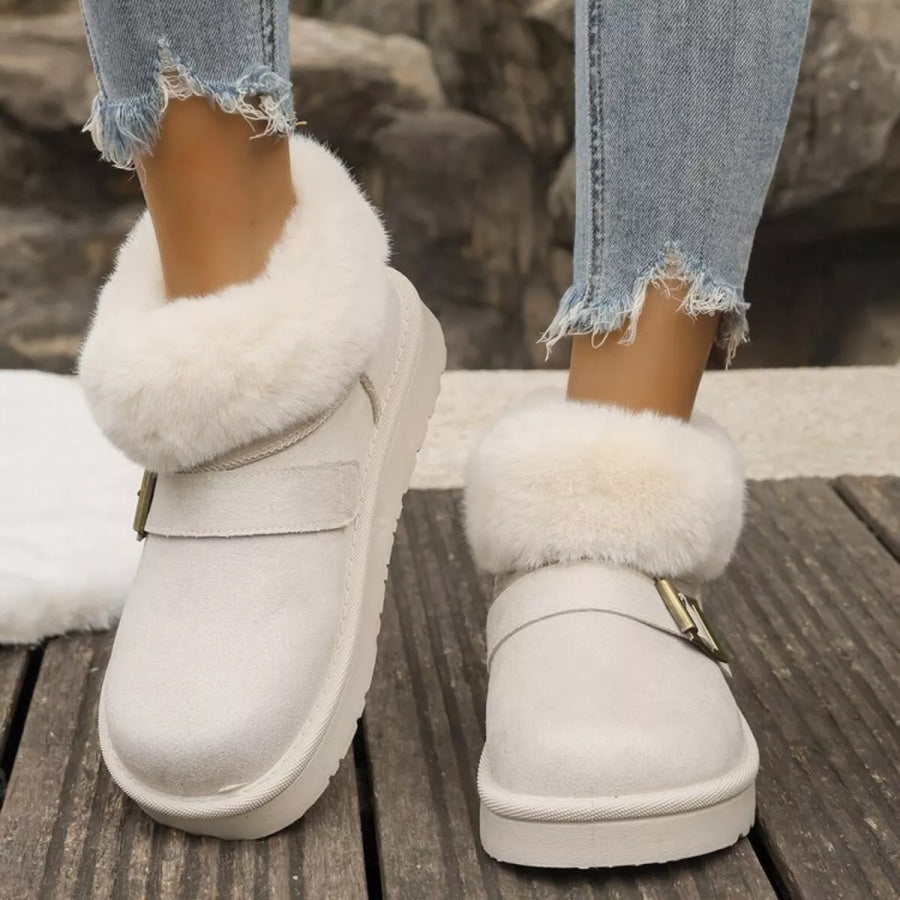 Fuzzy Trim Buckle Accent Winter Boots White / 36 Apparel and Accessories