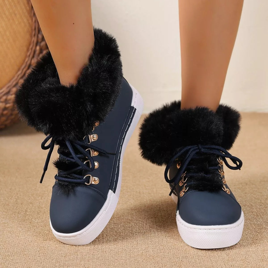 Fuzzy Trim Lace-Up Ankle Boots Apparel and Accessories