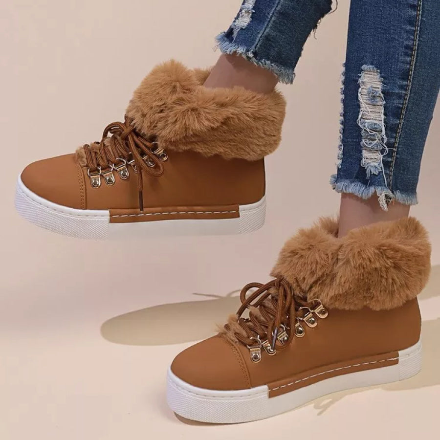 Fuzzy Trim Lace-Up Ankle Boots Apparel and Accessories
