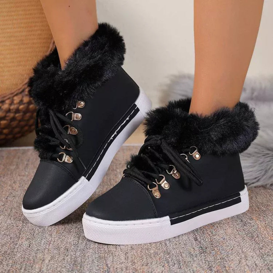 Fuzzy Trim Lace-Up Ankle Boots Apparel and Accessories