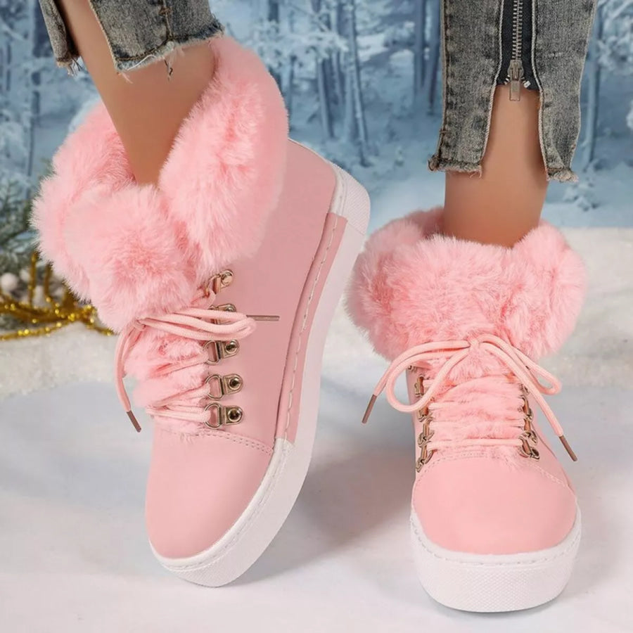 Fuzzy Trim Lace-Up Ankle Boots Apparel and Accessories