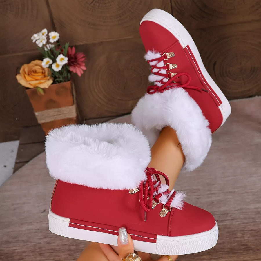 Fuzzy Trim Lace-Up Ankle Boots Apparel and Accessories