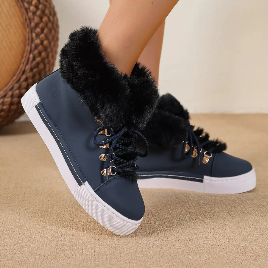 Fuzzy Trim Lace-Up Ankle Boots Apparel and Accessories