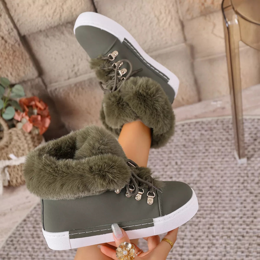 Fuzzy Trim Lace-Up Ankle Boots Apparel and Accessories
