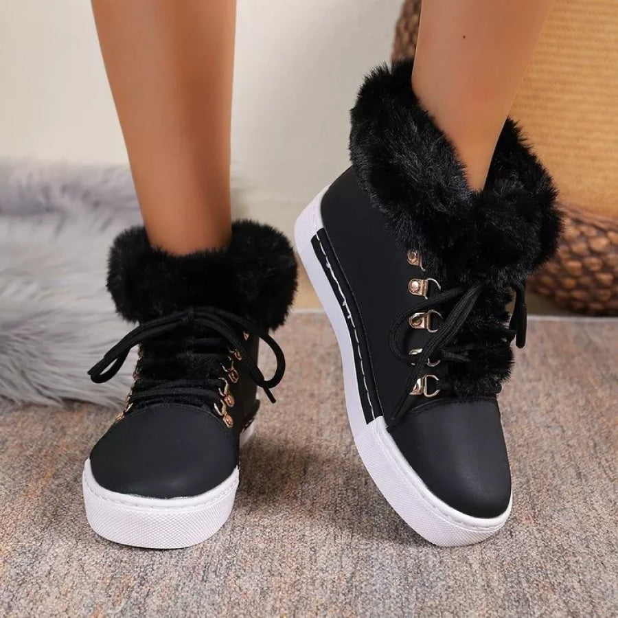 Fuzzy Trim Lace-Up Ankle Boots Apparel and Accessories