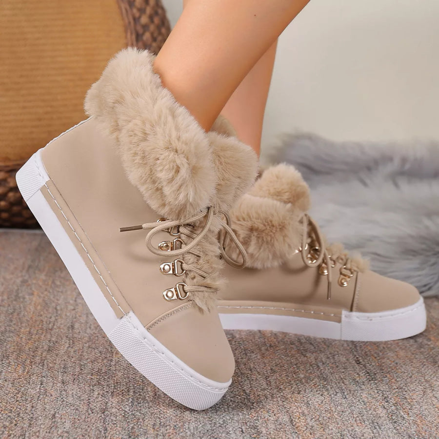 Fuzzy Trim Lace-Up Ankle Boots Apparel and Accessories