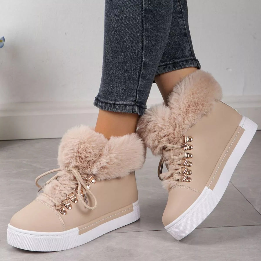 Fuzzy Trim Lace-Up Ankle Boots Apparel and Accessories