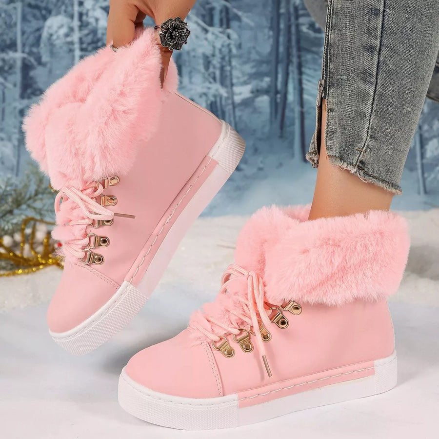 Fuzzy Trim Lace-Up Ankle Boots Apparel and Accessories