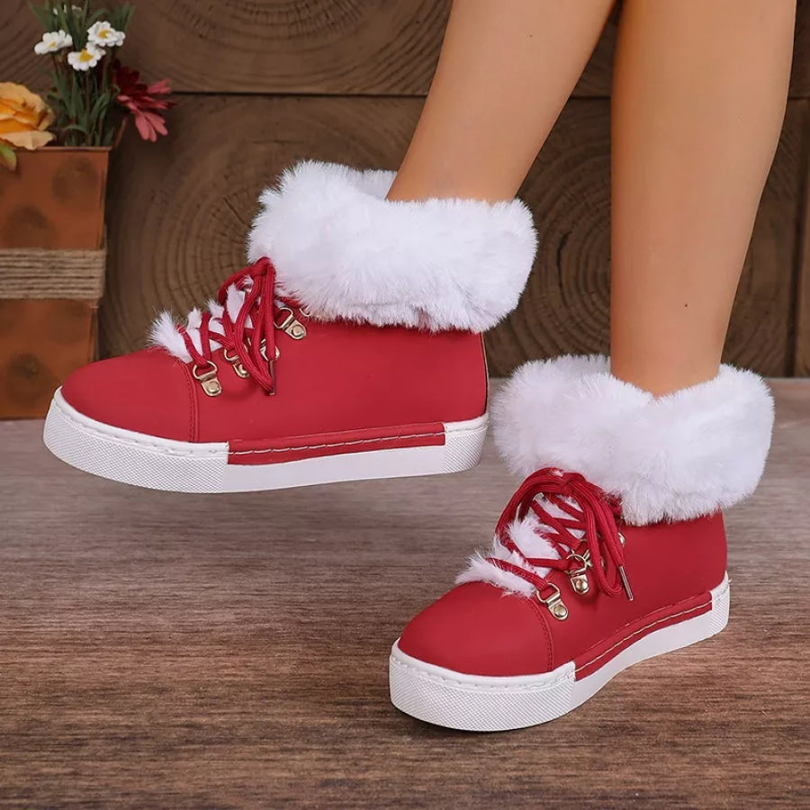 Fuzzy Trim Lace-Up Ankle Boots Apparel and Accessories