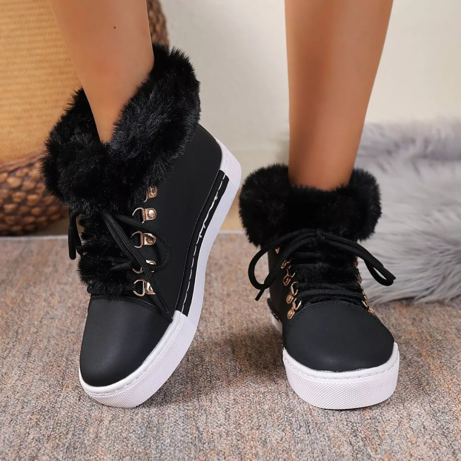 Fuzzy Trim Lace-Up Ankle Boots Black / 35 Apparel and Accessories