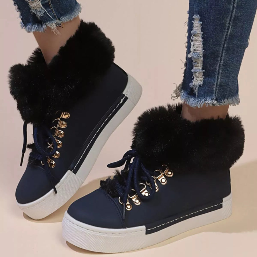 Fuzzy Trim Lace-Up Ankle Boots Dark Blue / 35 Apparel and Accessories