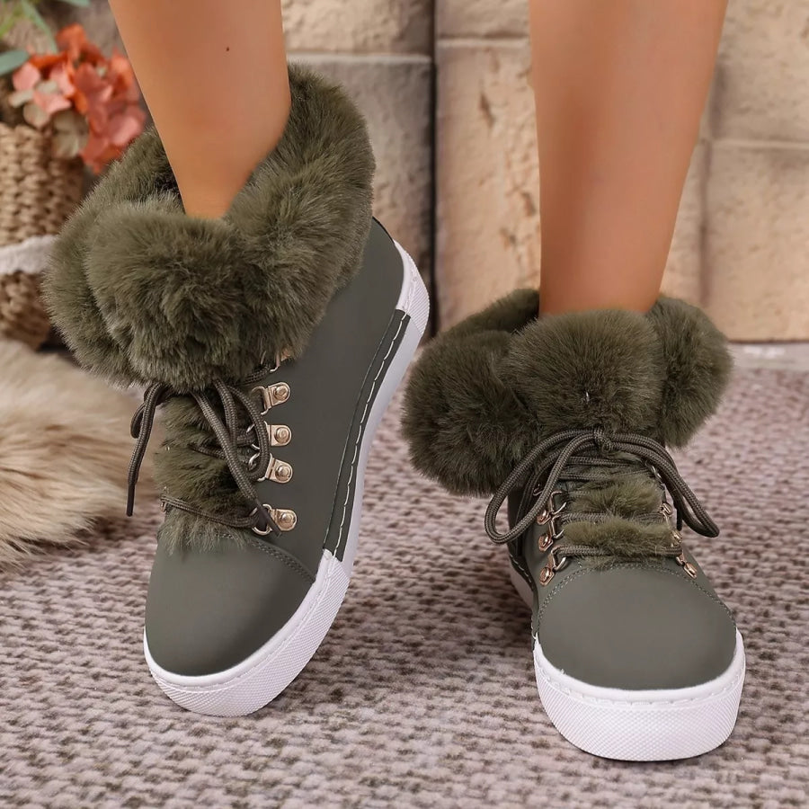 Fuzzy Trim Lace-Up Ankle Boots Green / 35 Apparel and Accessories