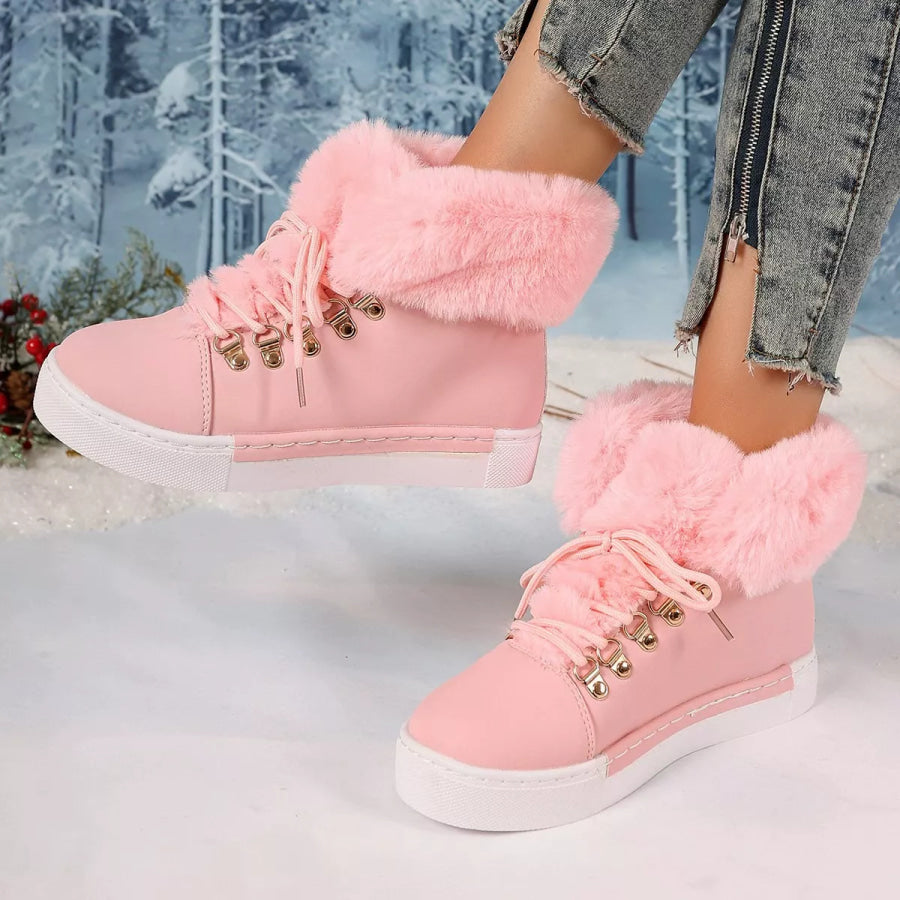 Fuzzy Trim Lace-Up Ankle Boots Pink / 35 Apparel and Accessories