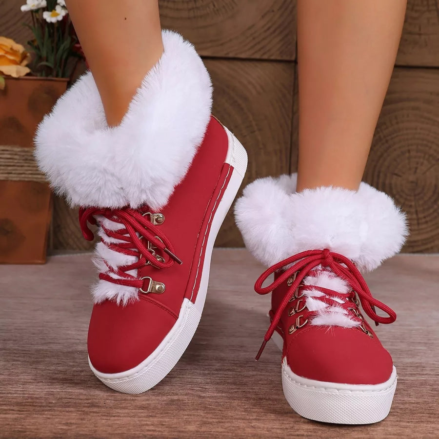 Fuzzy Trim Lace-Up Ankle Boots Red / 35 Apparel and Accessories