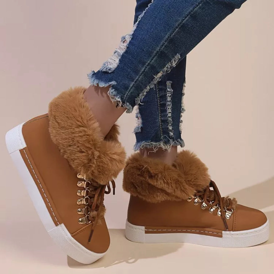 Fuzzy Trim Lace-Up Ankle Boots Turmeric / 35 Apparel and Accessories