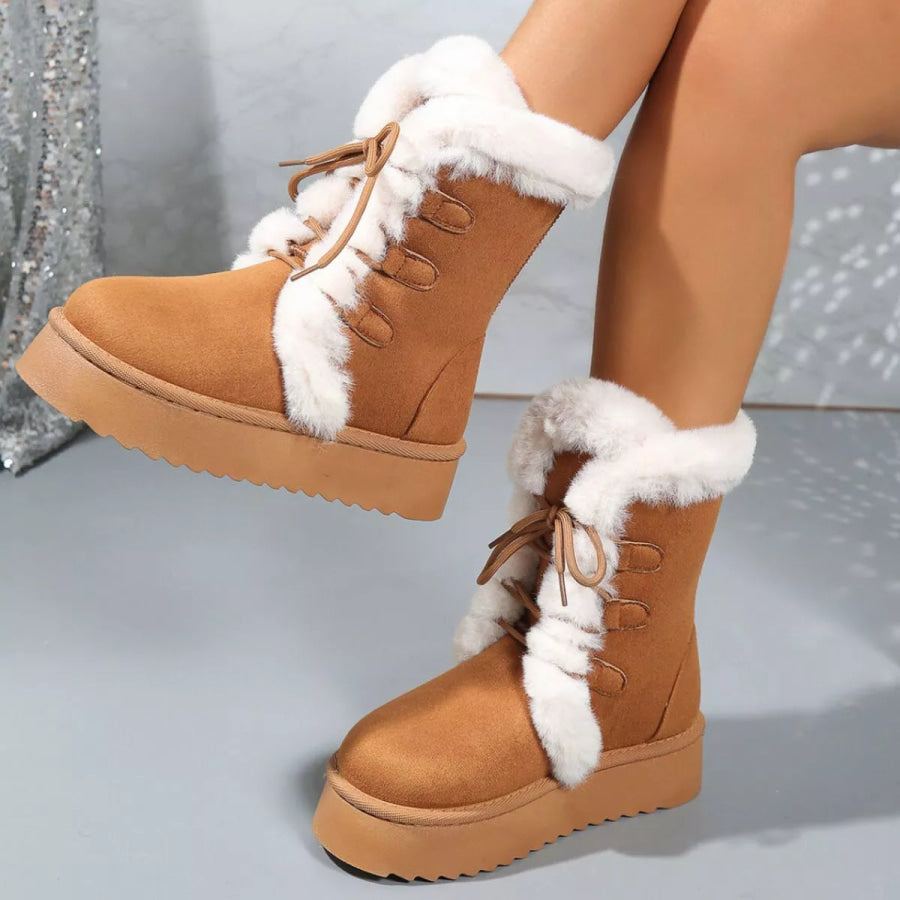 Fuzzy Trim Lace-Up Platform Boots Apparel and Accessories