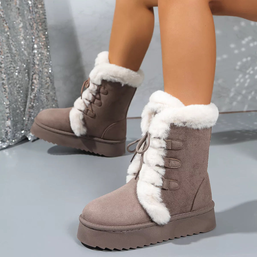 Fuzzy Trim Lace-Up Platform Boots Apparel and Accessories