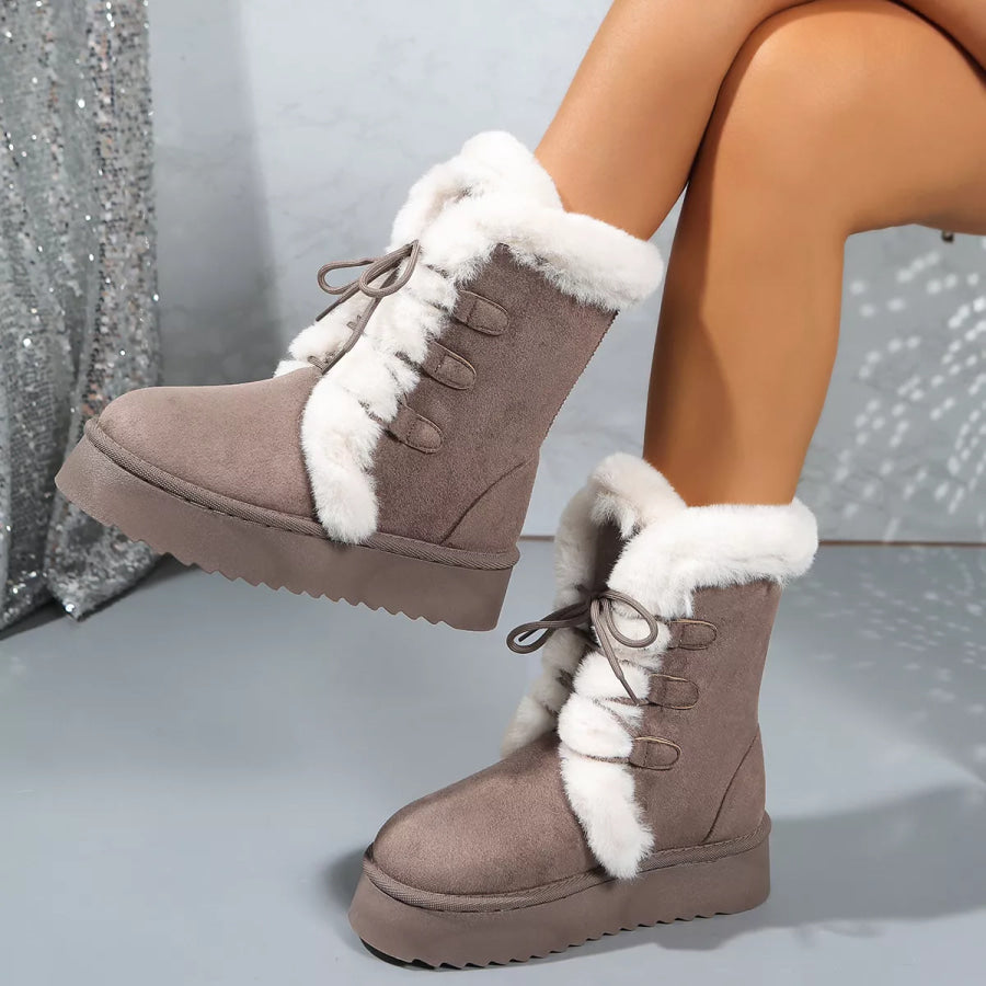 Fuzzy Trim Lace-Up Platform Boots Apparel and Accessories