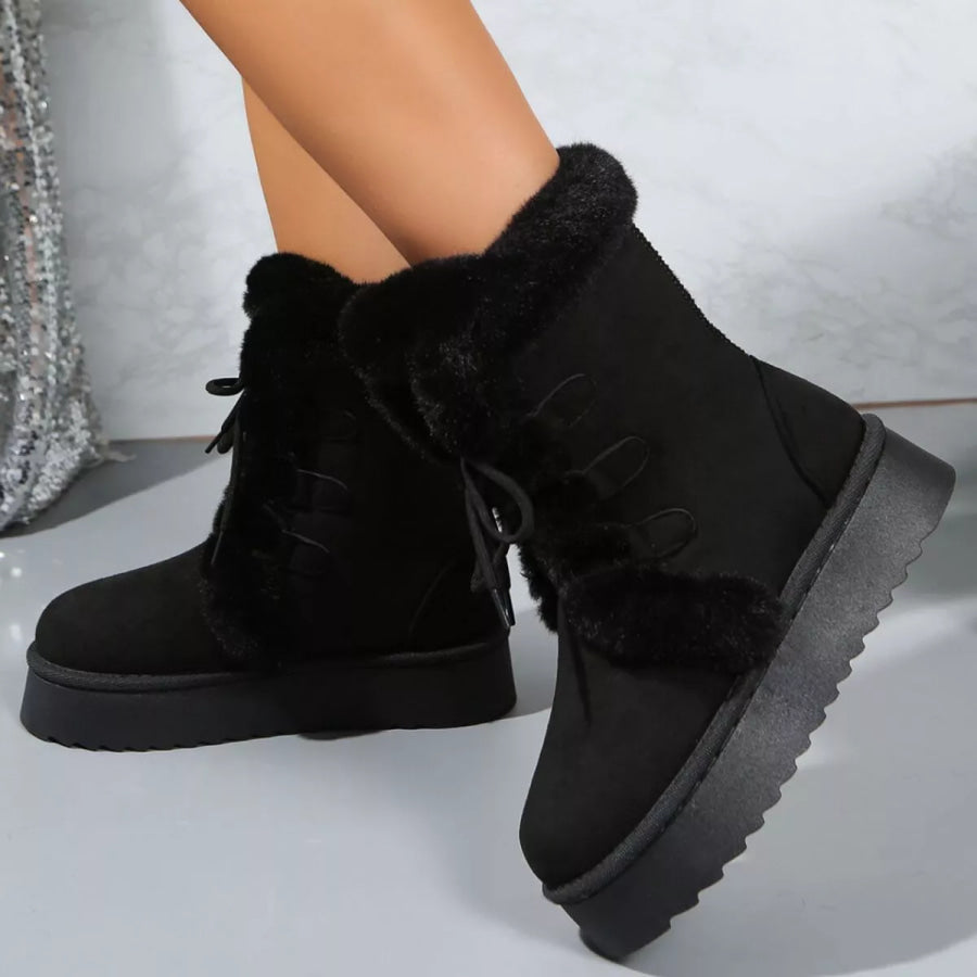 Fuzzy Trim Lace-Up Platform Boots Apparel and Accessories