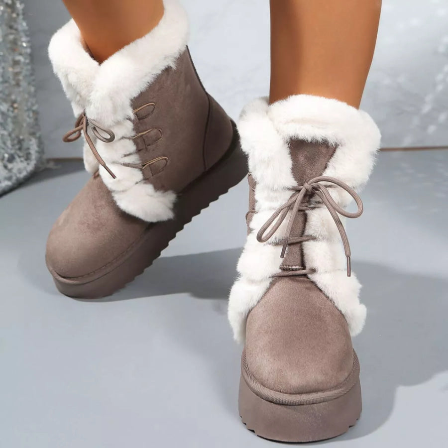 Fuzzy Trim Lace-Up Platform Boots Apparel and Accessories