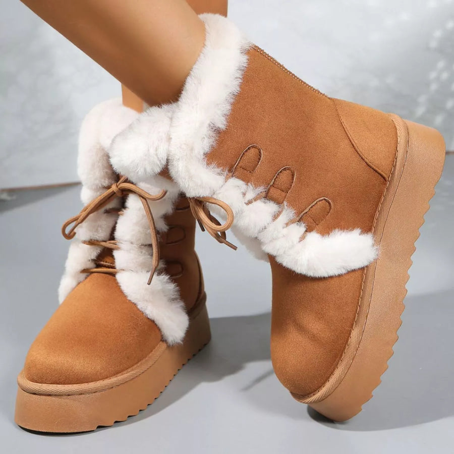 Fuzzy Trim Lace-Up Platform Boots Apparel and Accessories