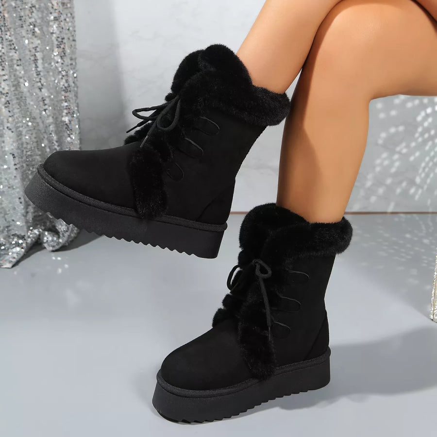 Fuzzy Trim Lace-Up Platform Boots Black / 36 Apparel and Accessories