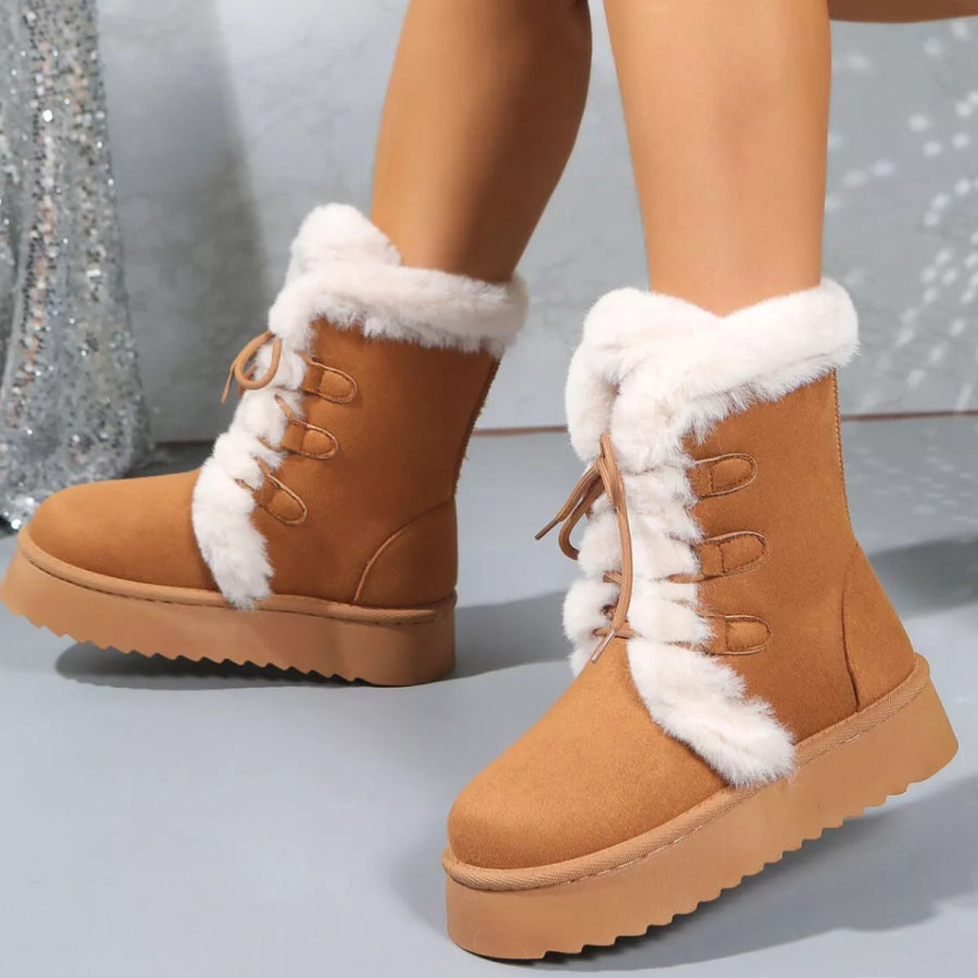 Fuzzy Trim Lace-Up Platform Boots Brown / 36 Apparel and Accessories