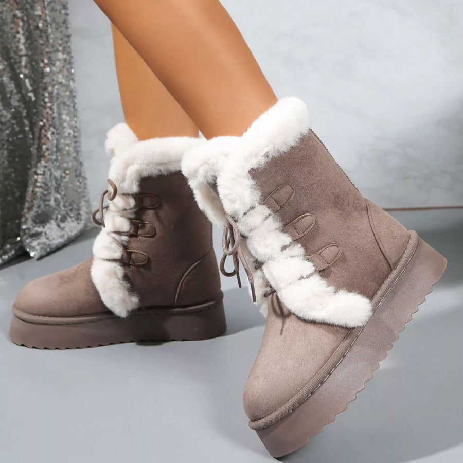Fuzzy Trim Lace-Up Platform Boots Gray / 36 Apparel and Accessories