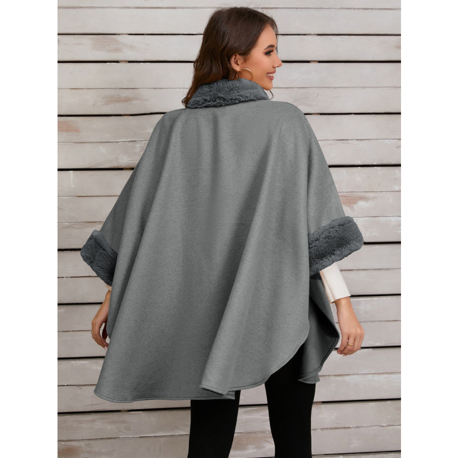 Fuzzy Trim Long Sleeve Poncho Apparel and Accessories