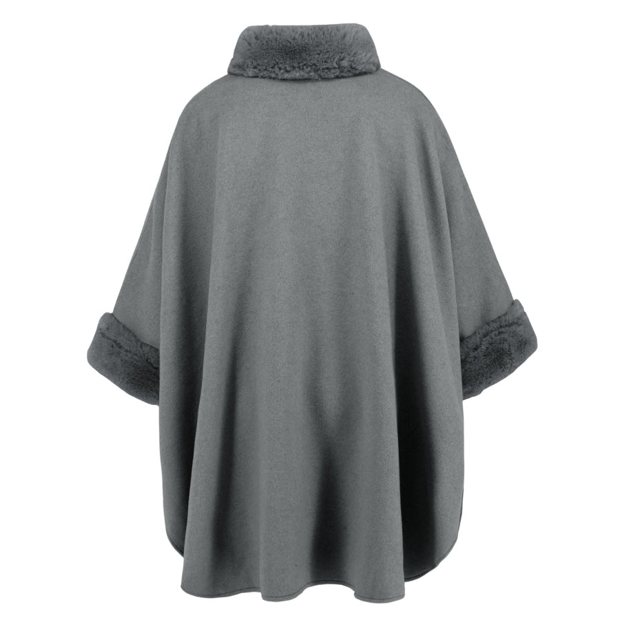 Fuzzy Trim Long Sleeve Poncho Apparel and Accessories