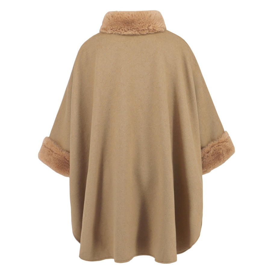 Fuzzy Trim Long Sleeve Poncho Apparel and Accessories