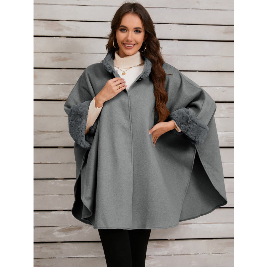 Fuzzy Trim Long Sleeve Poncho Apparel and Accessories