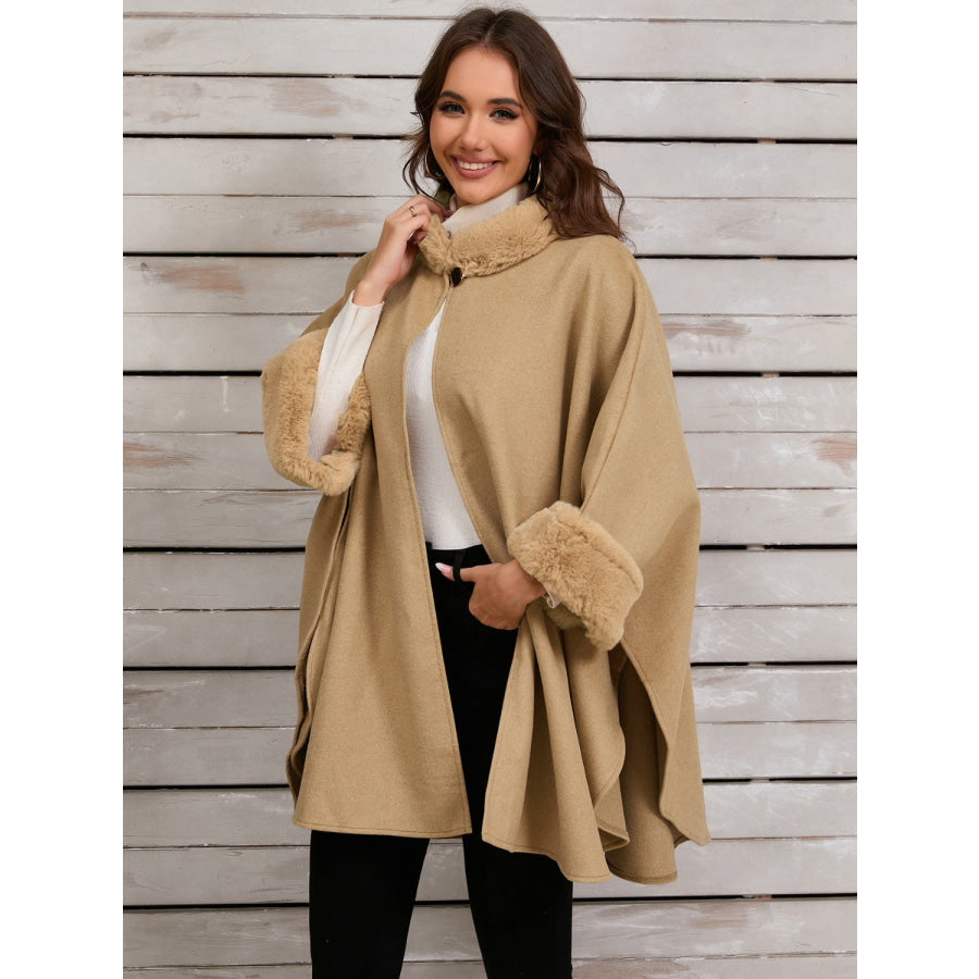 Fuzzy Trim Long Sleeve Poncho Apparel and Accessories