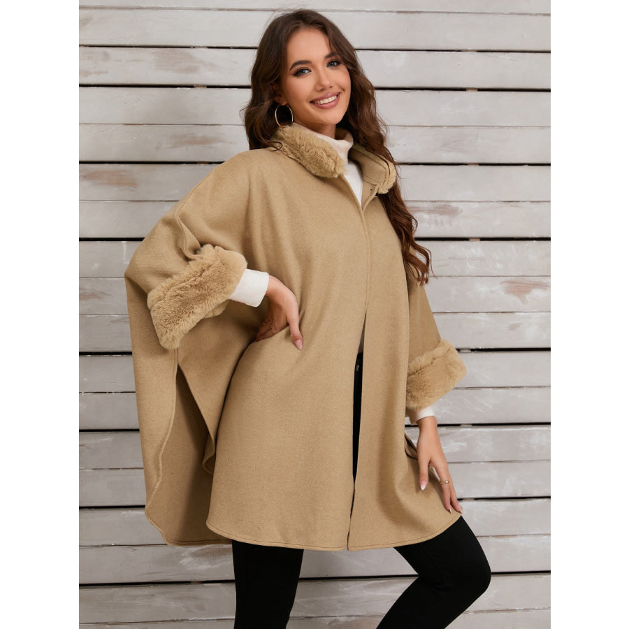 Fuzzy Trim Long Sleeve Poncho Apparel and Accessories