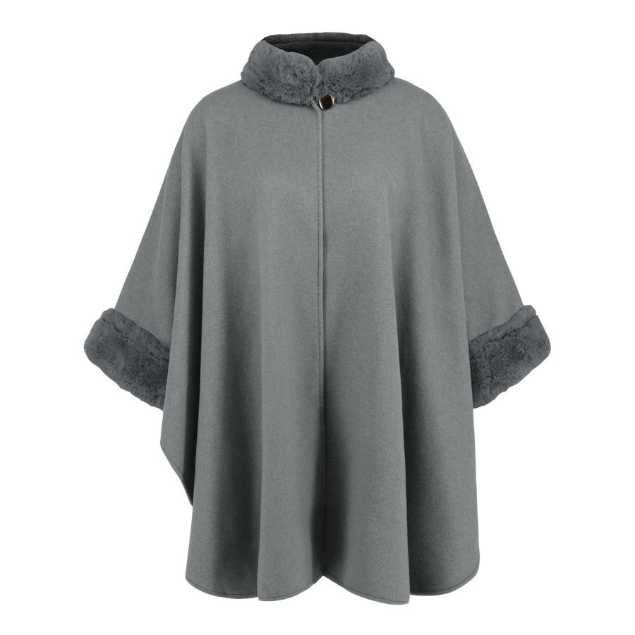 Fuzzy Trim Long Sleeve Poncho Apparel and Accessories