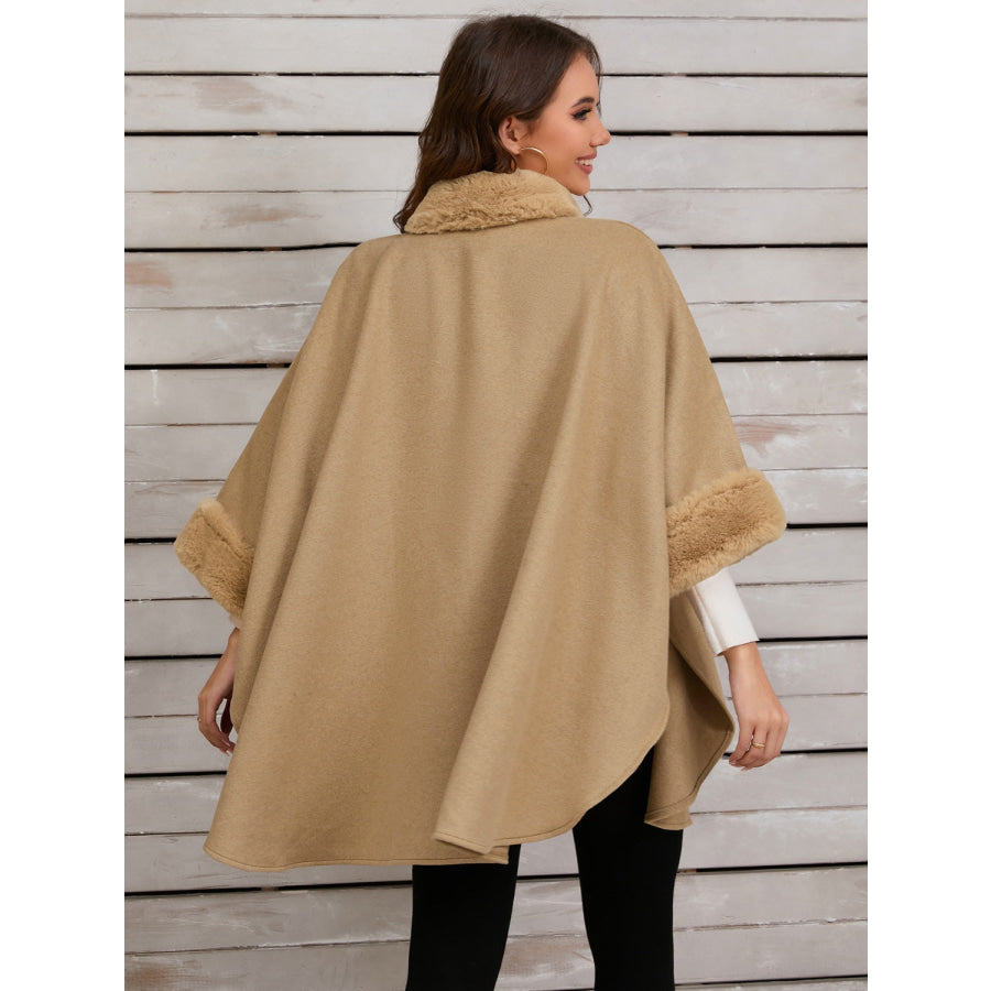 Fuzzy Trim Long Sleeve Poncho Apparel and Accessories