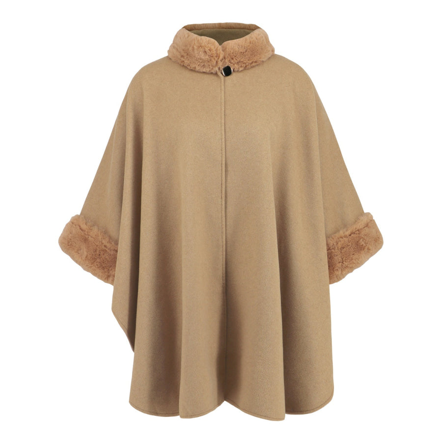 Fuzzy Trim Long Sleeve Poncho Apparel and Accessories