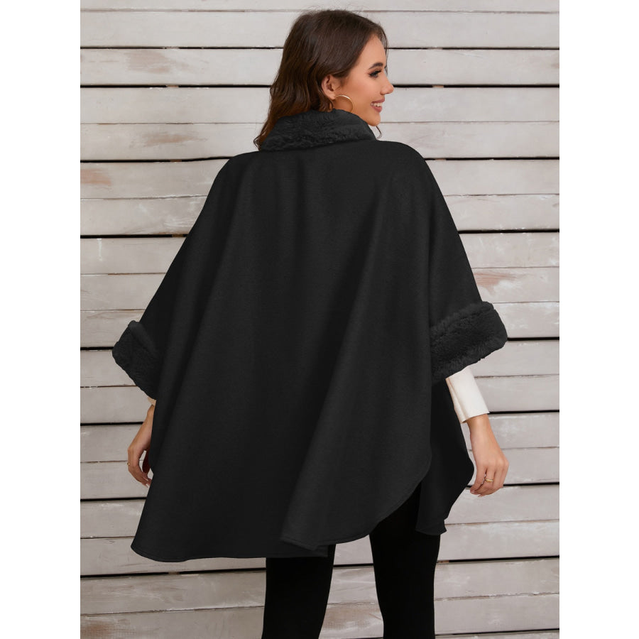 Fuzzy Trim Long Sleeve Poncho Apparel and Accessories