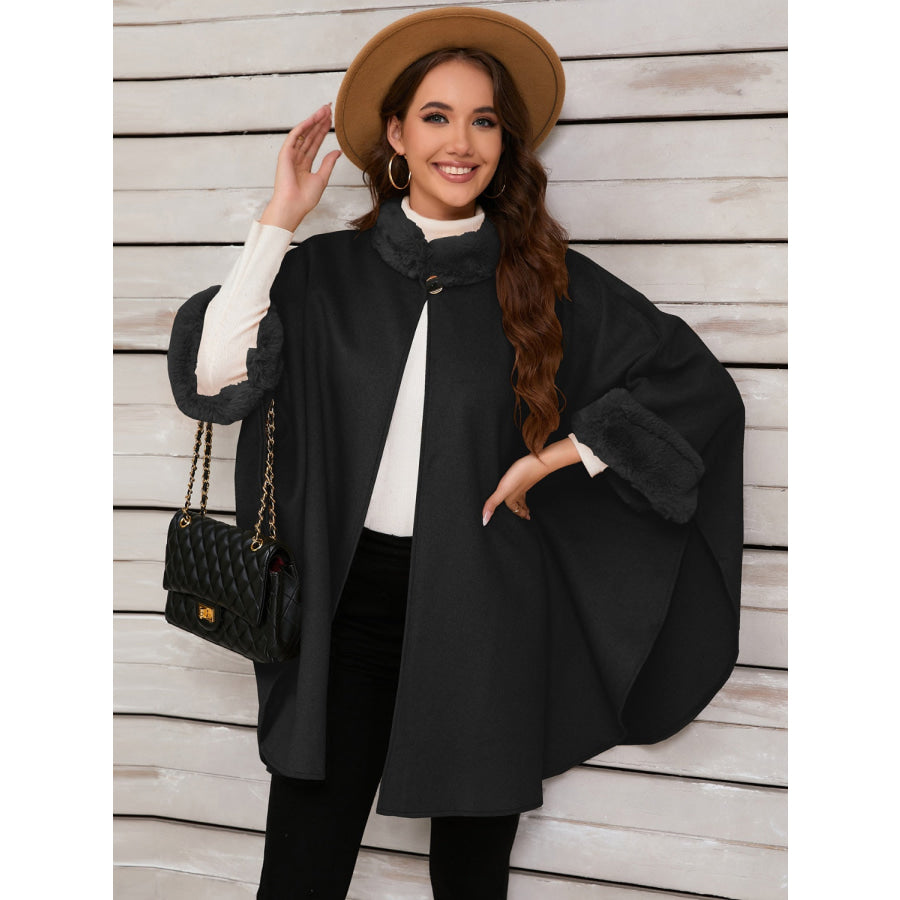 Fuzzy Trim Long Sleeve Poncho Black / One Size Apparel and Accessories