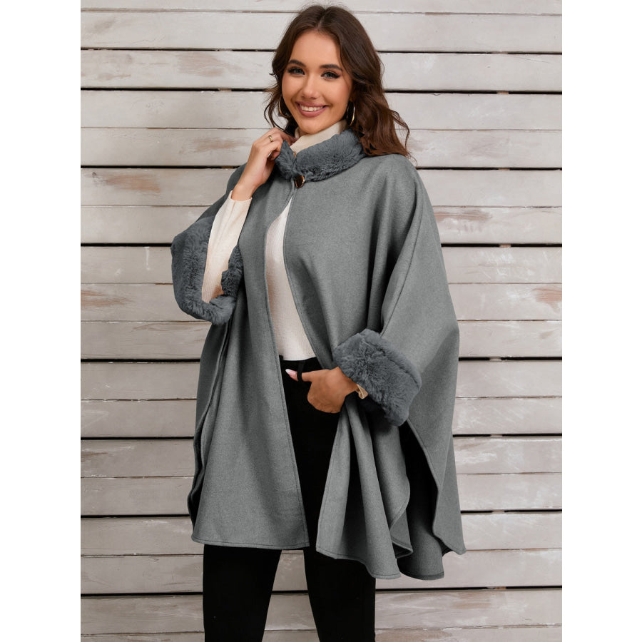 Fuzzy Trim Long Sleeve Poncho Gray / One Size Apparel and Accessories