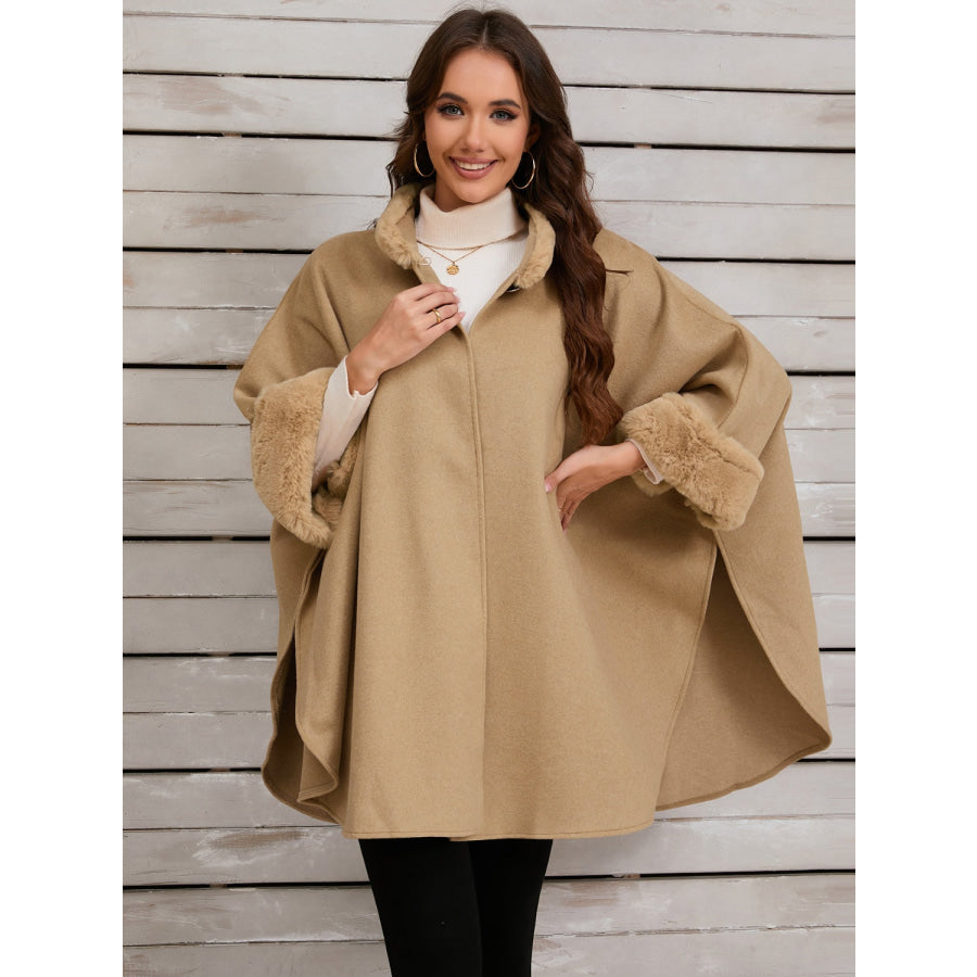 Fuzzy Trim Long Sleeve Poncho Tan / One Size Apparel and Accessories