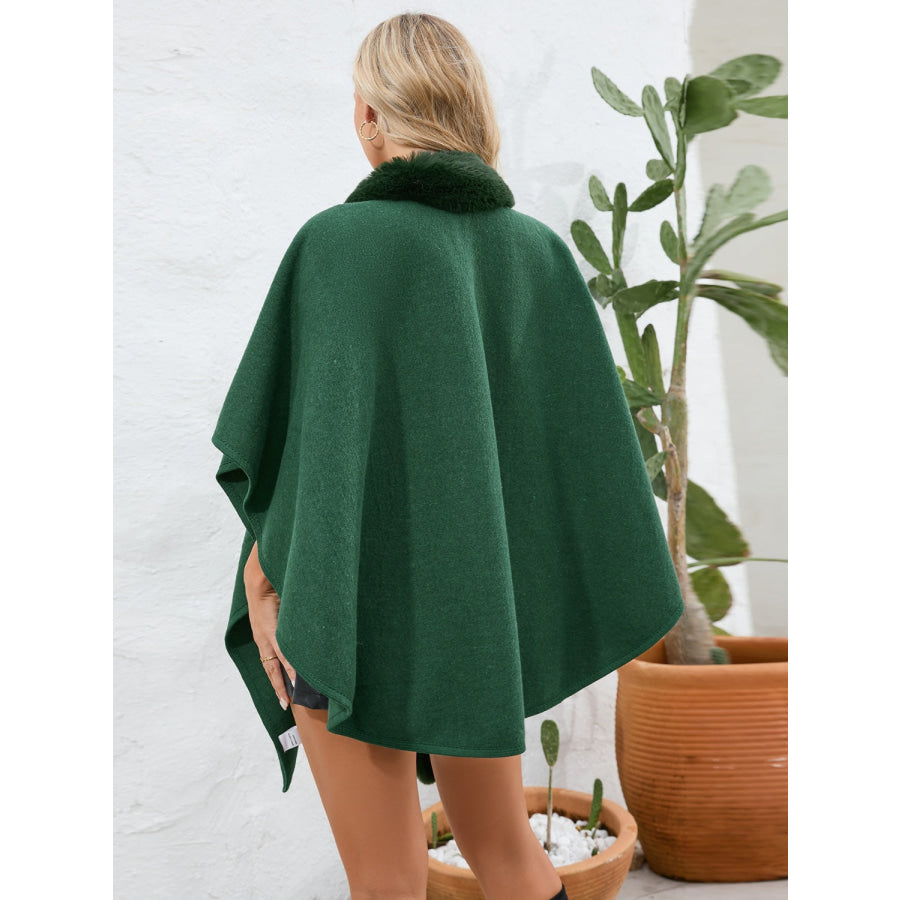 Fuzzy Trim Open Front Poncho Apparel and Accessories