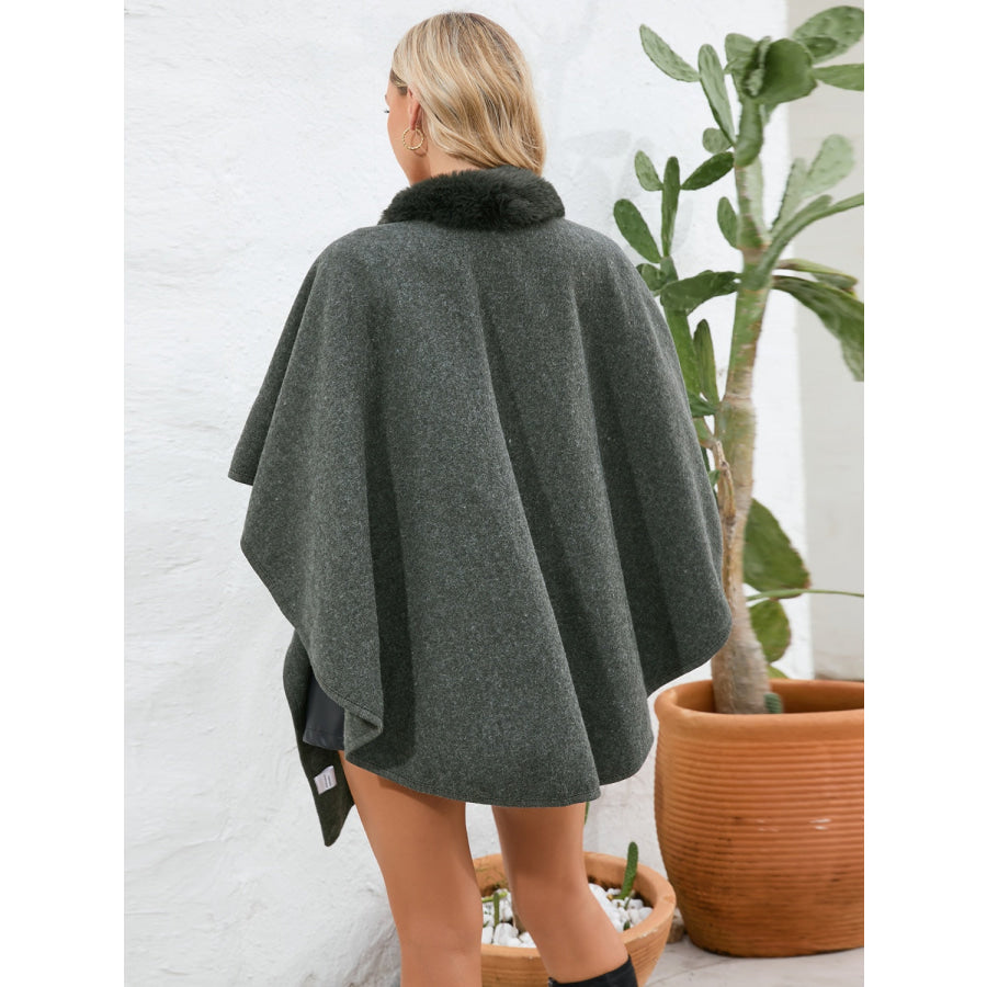 Fuzzy Trim Open Front Poncho Apparel and Accessories